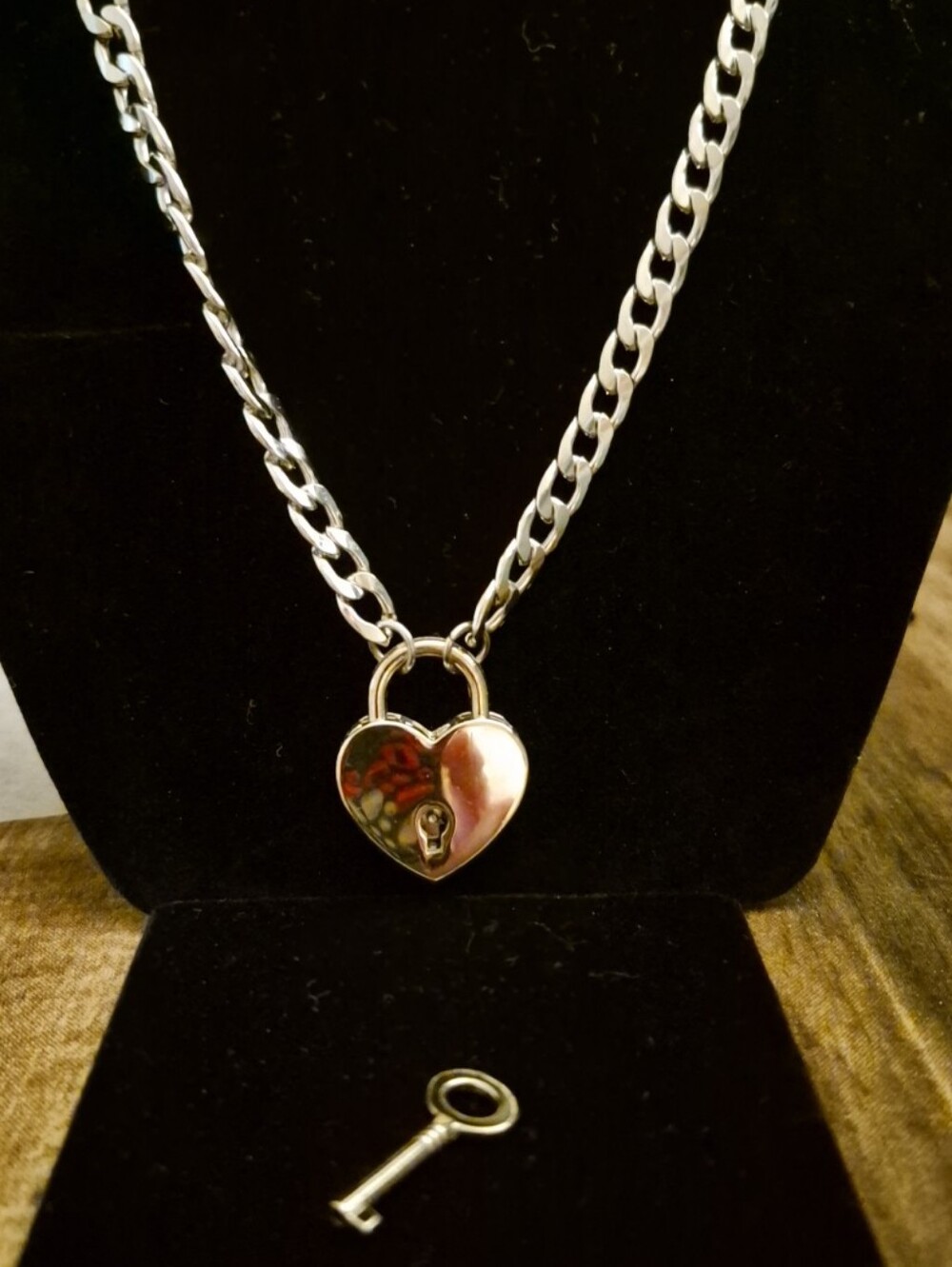 Thick Silver Stainless Steel Heart Padlock Necklace w/Key Unlockable Woman/Men